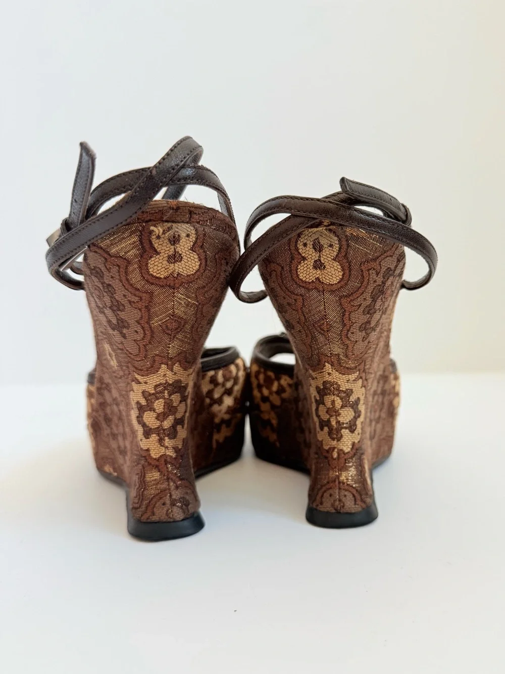 Prada Y2K Brocade Tapestry Wedge Sandals Brown Gold Jacquard Platform Heels 38